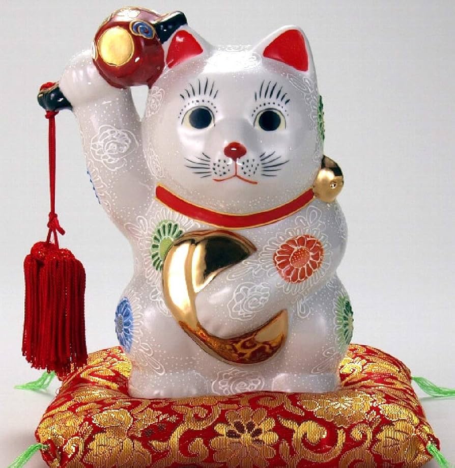 九谷焼 小判小槌持招き猫 白盛 6号 招き猫 置物 日本製 陶器 九谷焼 小判小槌持招き猫 白盛 6号 招き猫 置物 日本製 陶器